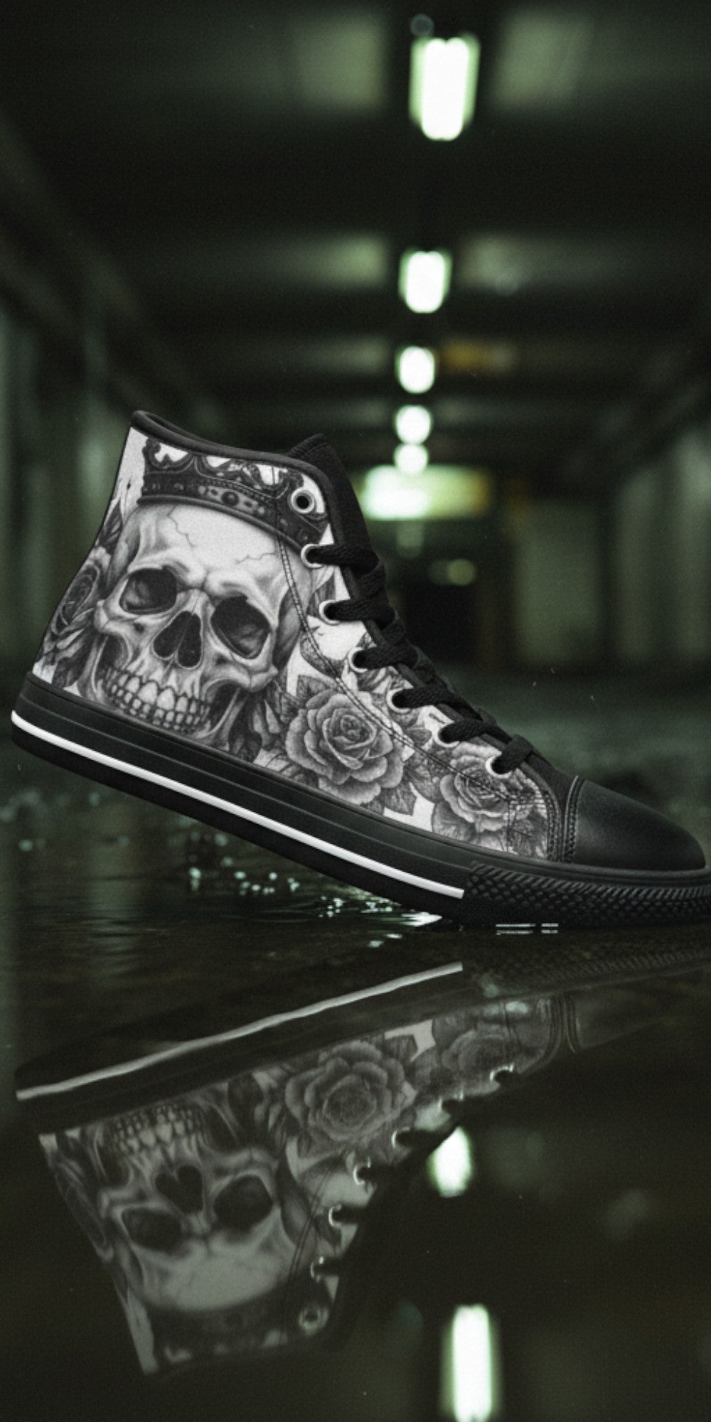 Women's Dark Monochrome Skull Gothic Art high-top canvas shoes, custom full-wrap printed design — Freaky Shoes