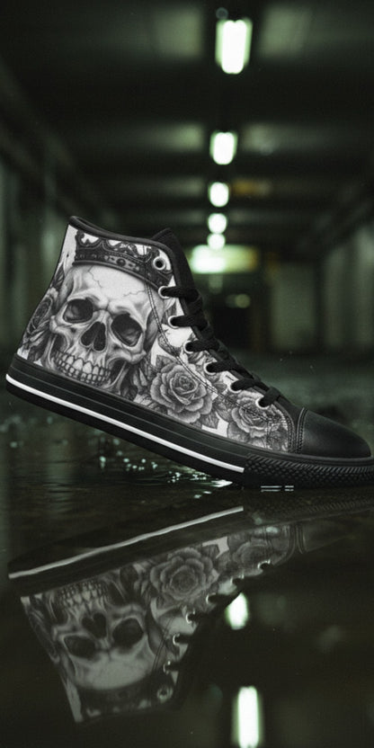 Women's Dark Monochrome Skull Gothic Art high-top canvas shoes, custom full-wrap printed design — Freaky Shoes