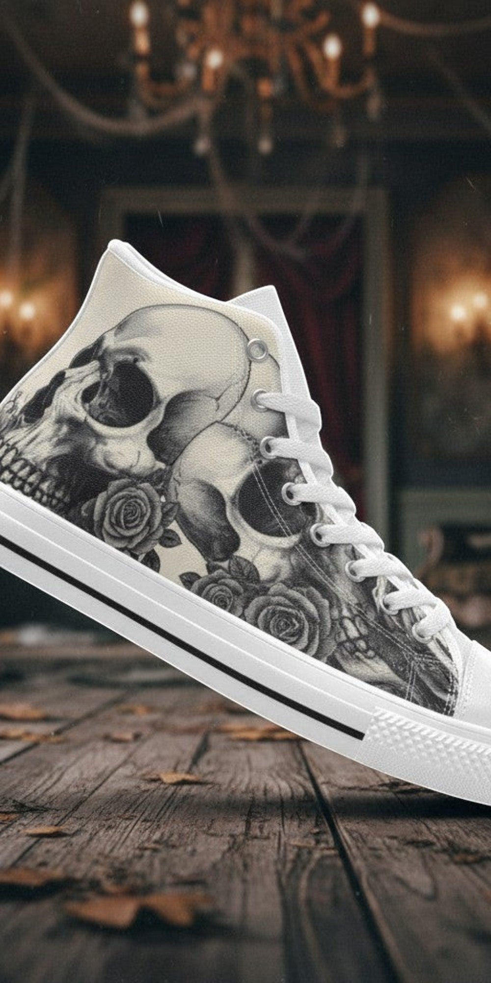 Women's Monochrome Dark Skull Gothic Art hand-made high-top canvas shoes — unique wearable art by Freaky Shoes