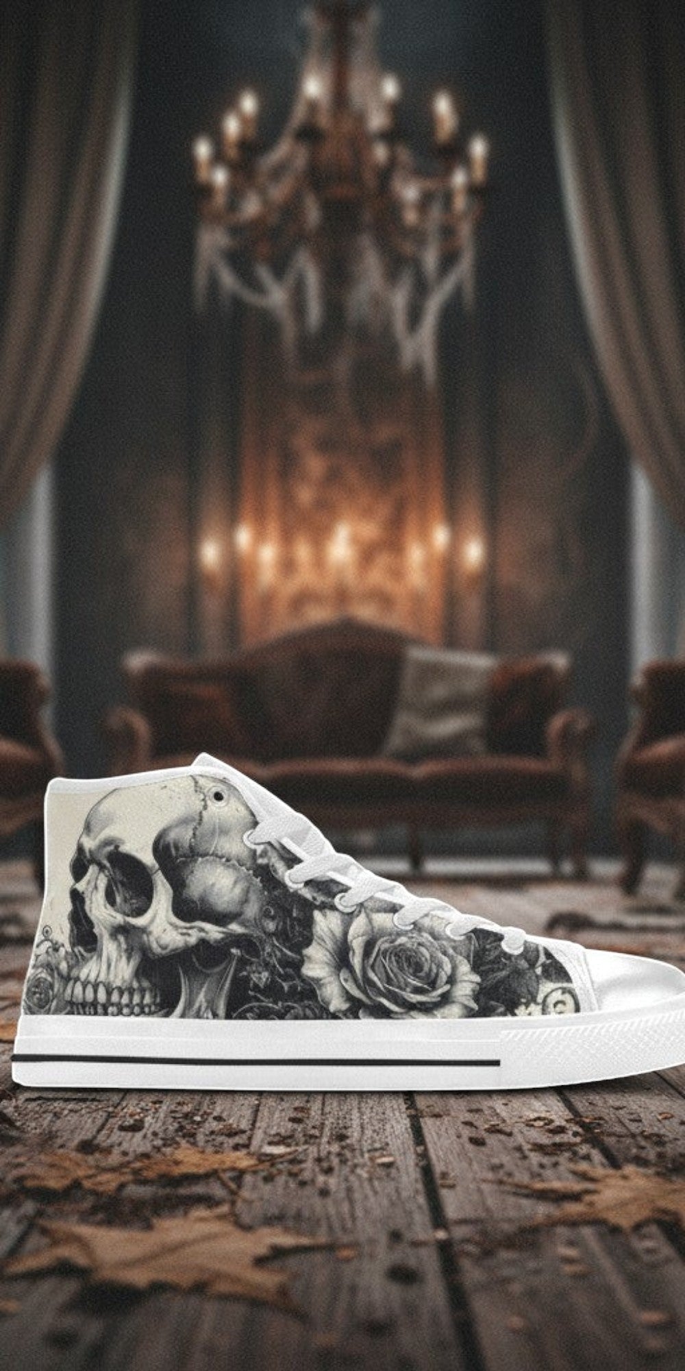 Custom Women's Monochrome Dark Skull Gothic Art high-top canvas shoes with bold all-over art — Freaky Shoes