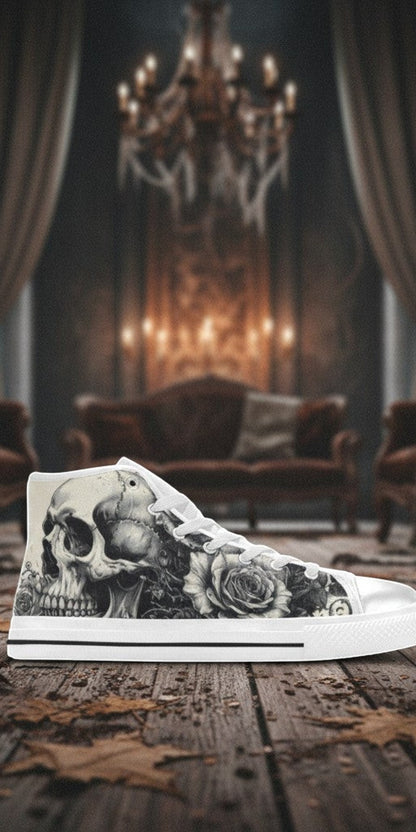 Custom Women's Monochrome Dark Skull Gothic Art high-top canvas shoes with bold all-over art — Freaky Shoes