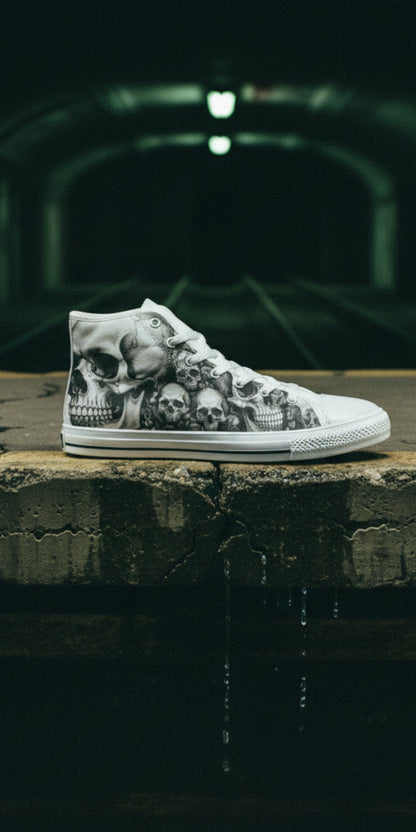 Men's Dark Art Monochrome Skull Gothic custom high-top canvas shoes — wearable art by Freaky Shoes