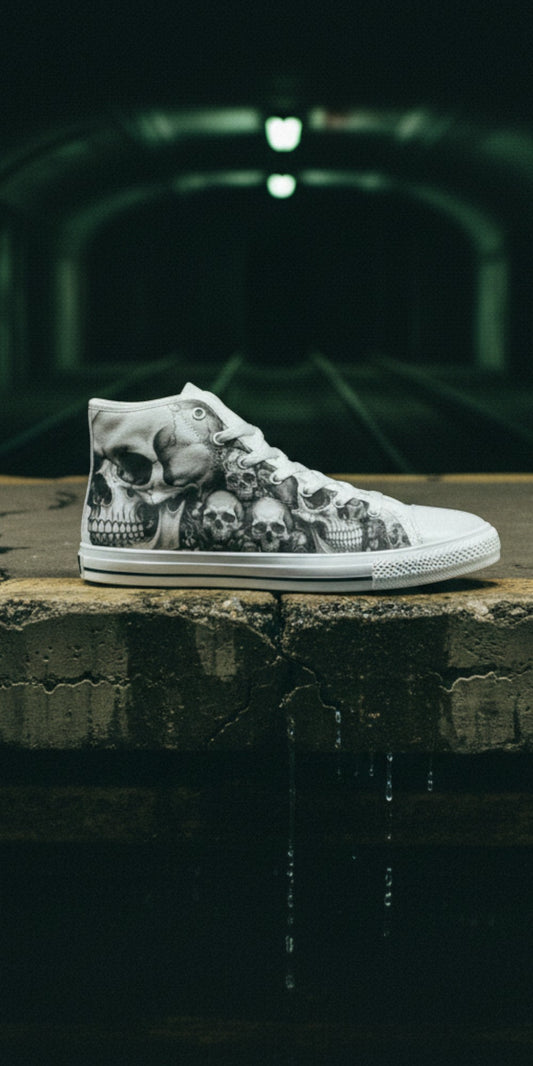 Freaky Shoes® monochrome canvas high top sneakers featuring a detailed dark art skull print on a subway platform.