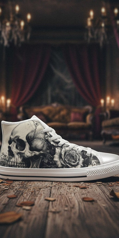 Women's Monochrome Dark Skull Gothic Art high-top canvas shoes — one-of-a-kind custom printed art, Freaky Shoes