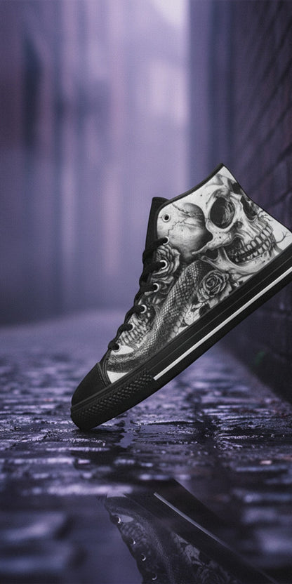 Women's Monochrome Skull Gothic Art custom high-top canvas shoes — wearable art by Freaky Shoes