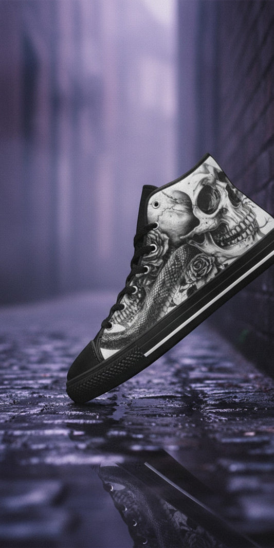 Freaky Shoes® monochrome high top canvas sneakers featuring detailed skull and gothic art on a dark alley background.