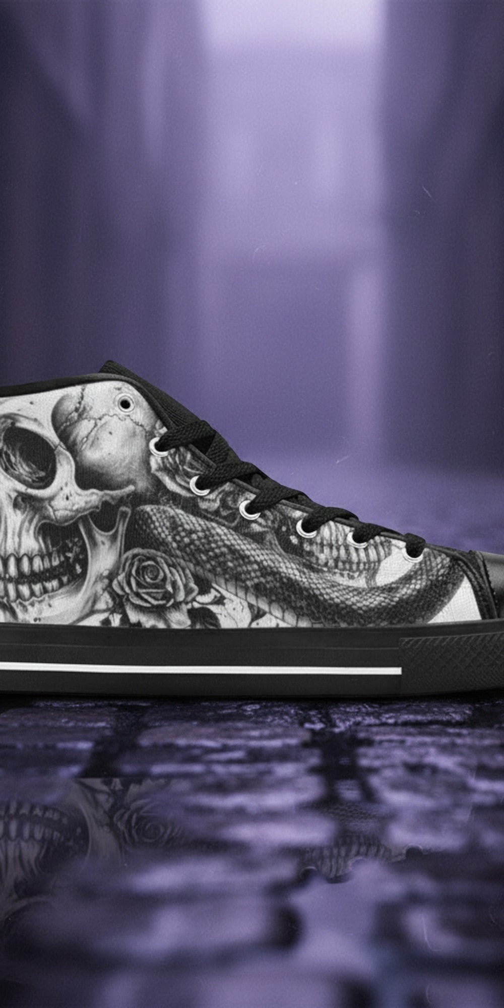 Custom Women's Monochrome Skull Gothic Art high-top canvas shoes with bold all-over art — Freaky Shoes