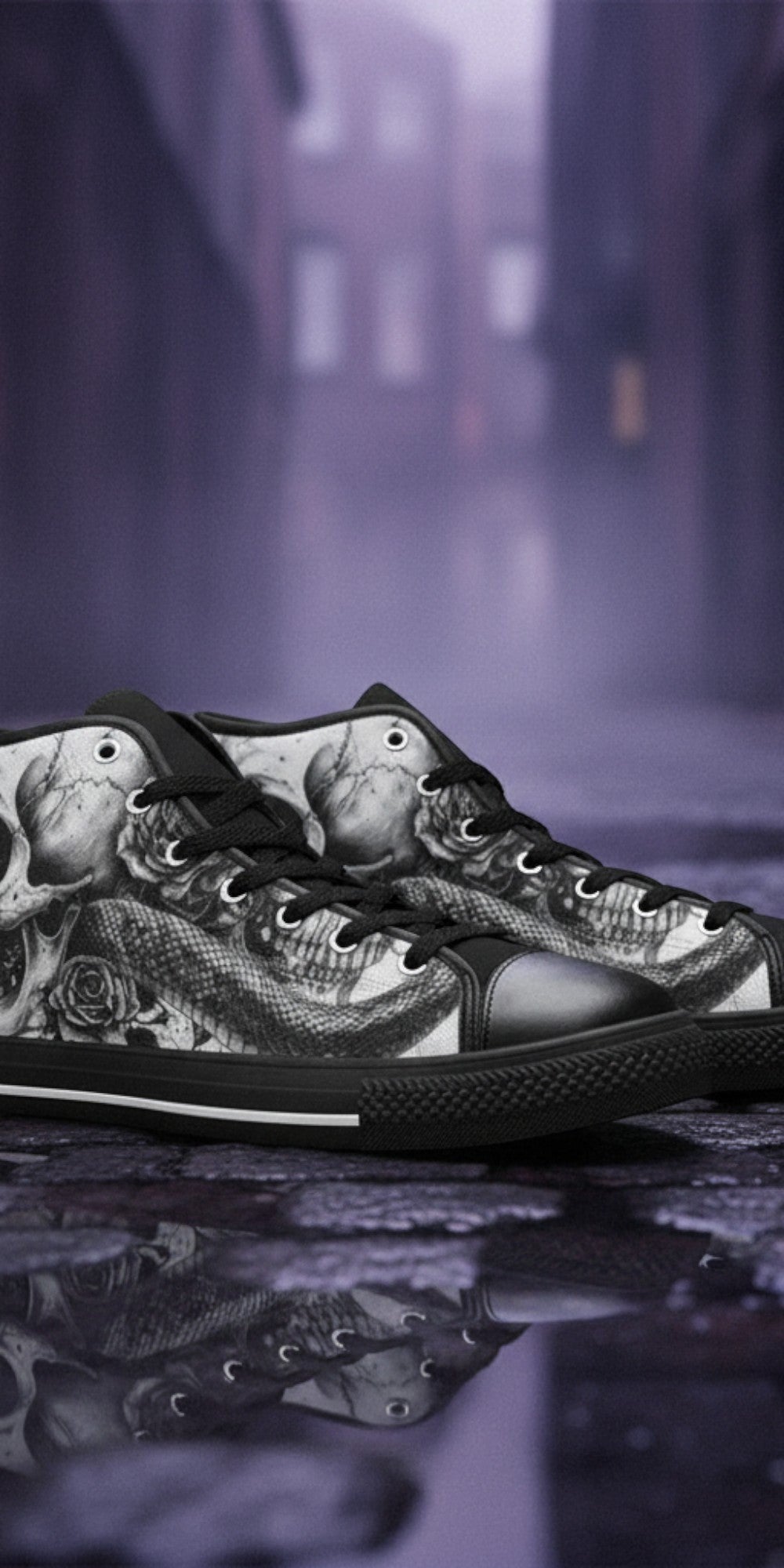 Women's Monochrome Skull Gothic Art high-top canvas shoes, custom full-wrap printed design — Freaky Shoes