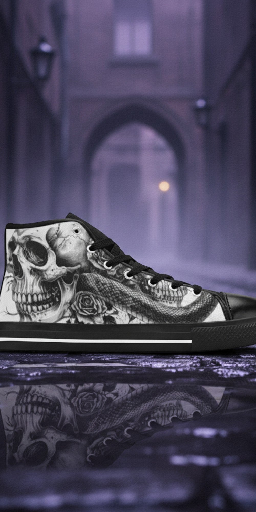 Women's Monochrome Skull Gothic Art high-top canvas shoes — one-of-a-kind custom printed art, Freaky Shoes