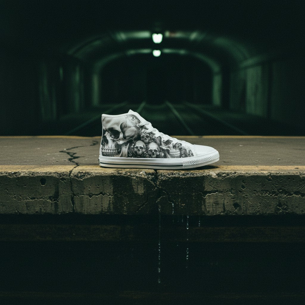 Men's Dark Art Monochrome Skull Gothic high-top canvas shoes, custom full-wrap printed design — Freaky Shoes