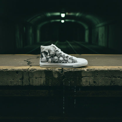 Men's Dark Art Monochrome Skull Gothic high-top canvas shoes, custom full-wrap printed design — Freaky Shoes