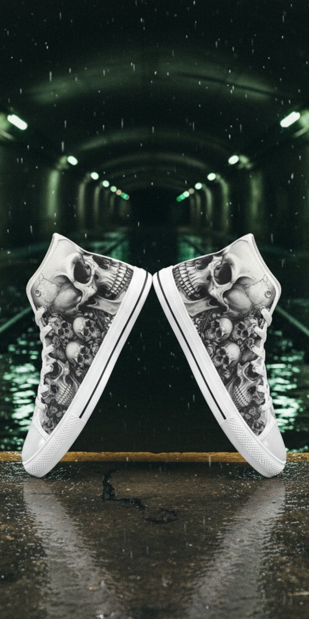 Men's Dark Art Monochrome Skull Gothic custom high-top canvas shoes — wearable art by Freaky Shoes