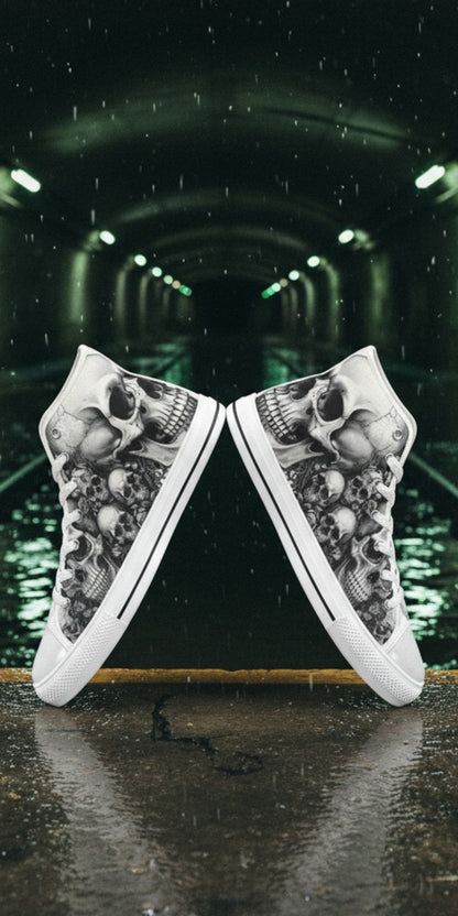 Men's Dark Art Monochrome Skull Gothic custom high-top canvas shoes — wearable art by Freaky Shoes