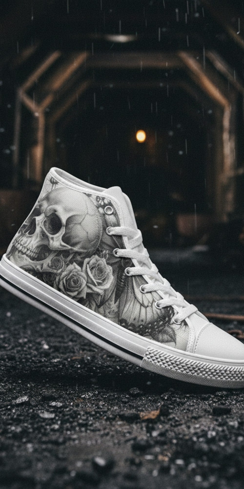 Men's Monochrome Moon Skull Gothic Art custom high-top canvas shoes — wearable art by Freaky Shoes