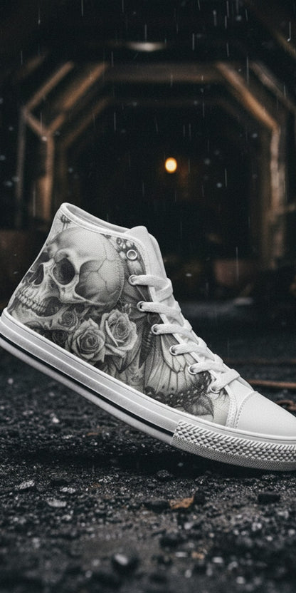 Men's Monochrome Moon Skull Gothic Art custom high-top canvas shoes — wearable art by Freaky Shoes