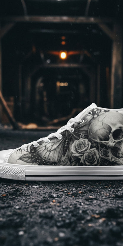 Men's Monochrome Moon Skull Gothic Art high-top canvas shoes — one-of-a-kind custom printed art, Freaky Shoes