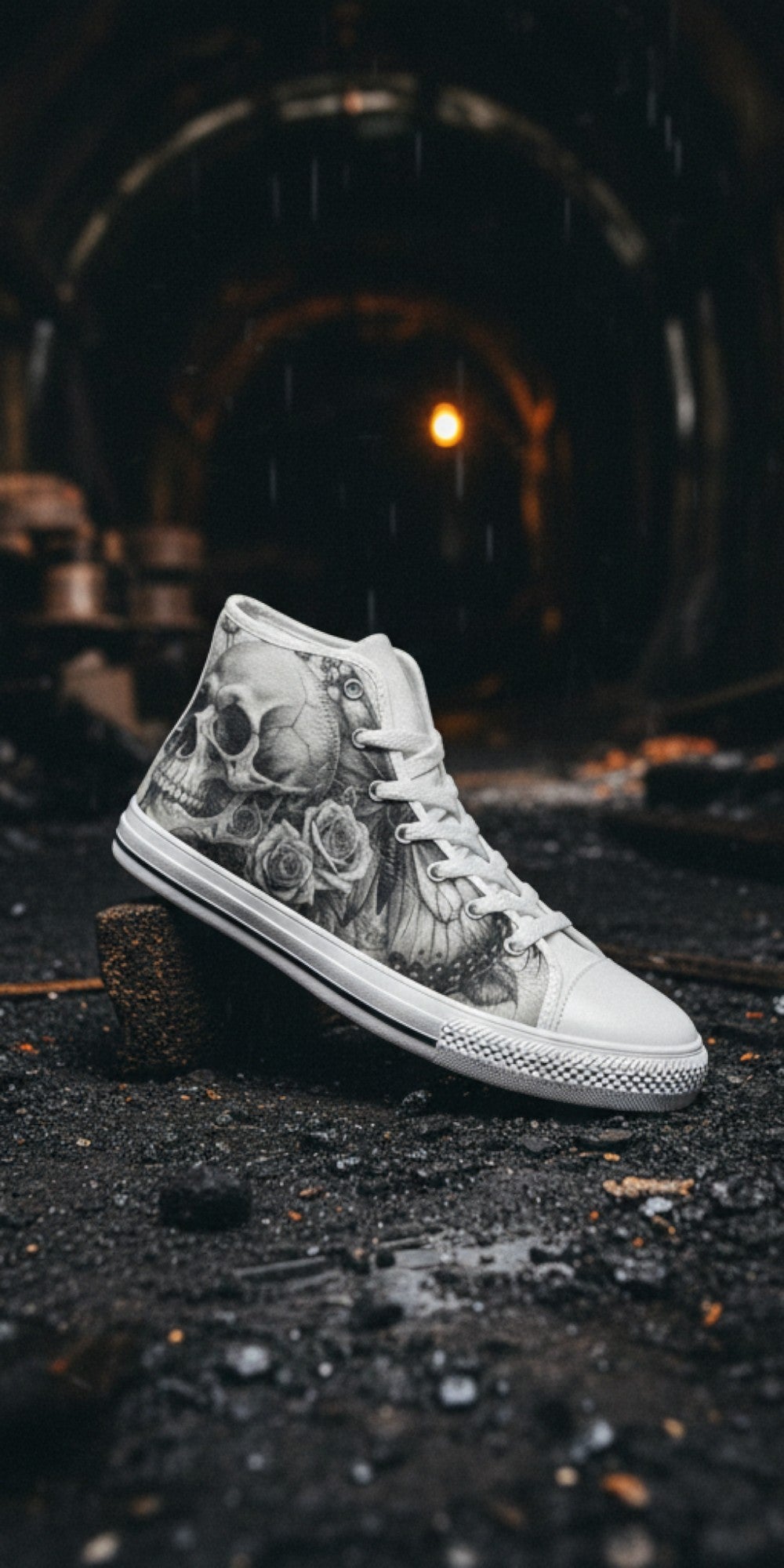 Men's Monochrome Moon Skull Gothic Art high-top canvas shoes, custom full-wrap printed design — Freaky Shoes
