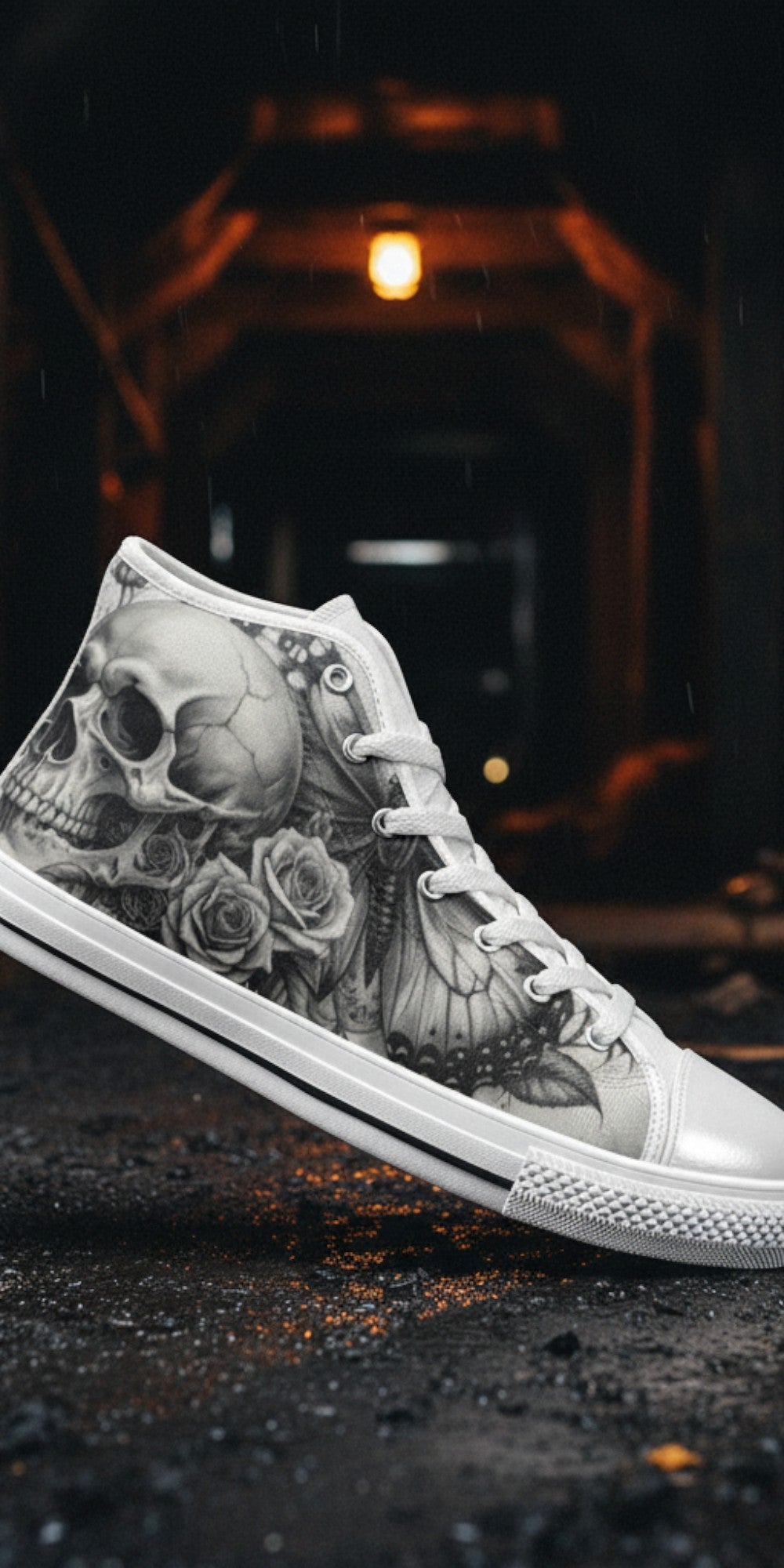Men's Monochrome Moon Skull Gothic Art high-top canvas shoes, custom full-wrap printed design — Freaky Shoes