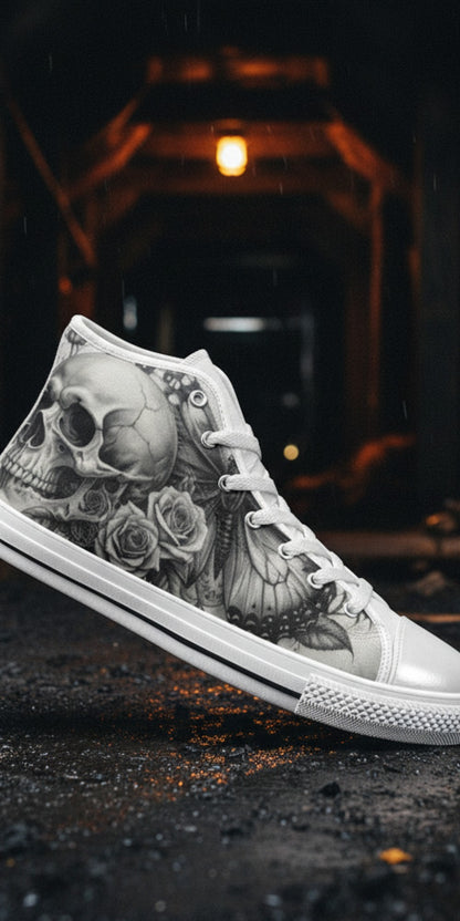 Men's Monochrome Moon Skull Gothic Art high-top canvas shoes, custom full-wrap printed design — Freaky Shoes