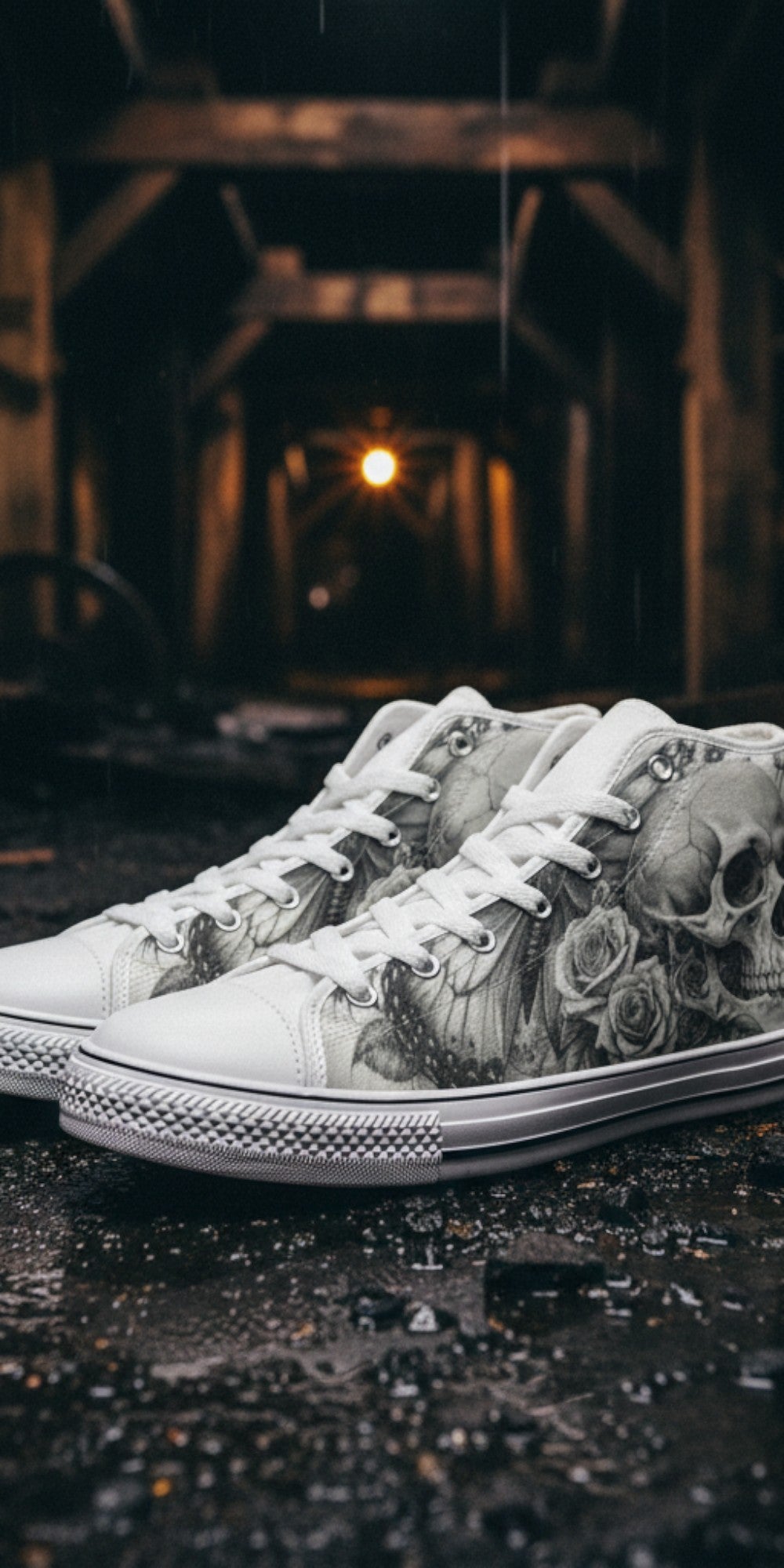 Men's Monochrome Moon Skull Gothic Art hand-made high-top canvas shoes — unique wearable art by Freaky Shoes