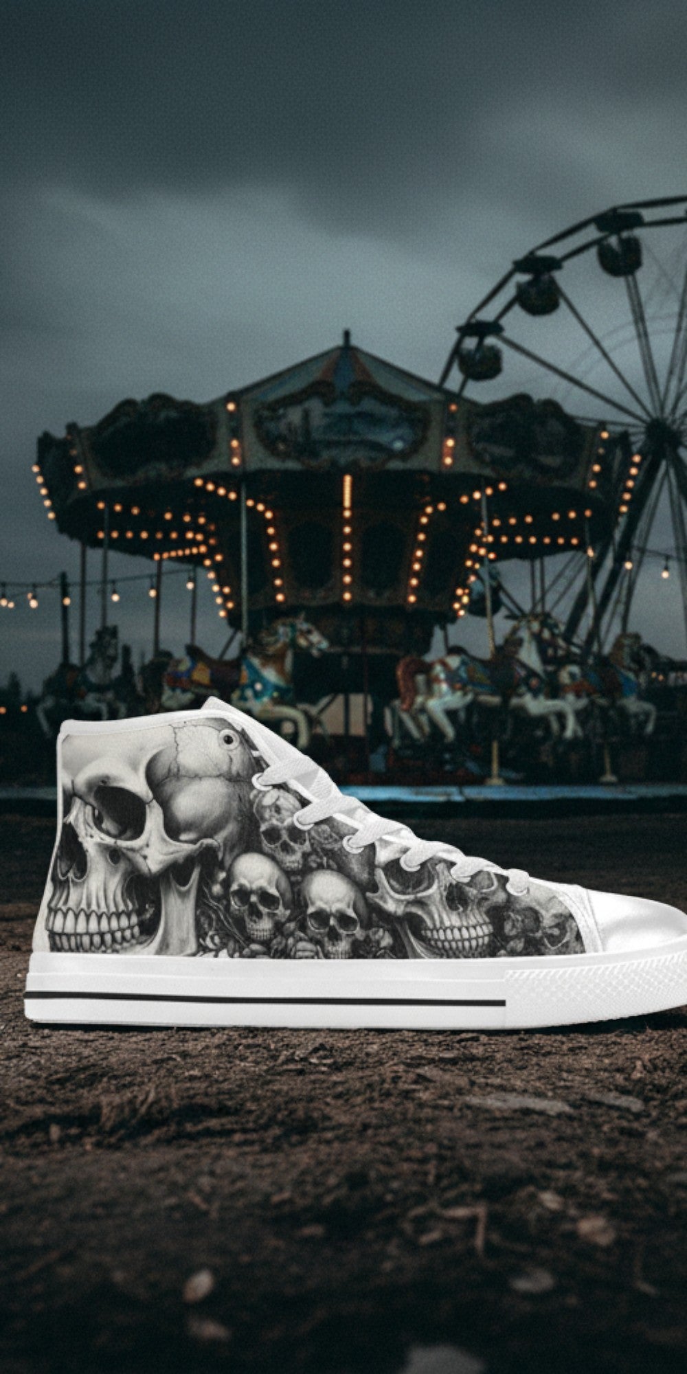 Women's Monochrome Dark Art Skull Gothic high-top canvas shoes, custom full-wrap printed design — Freaky Shoes