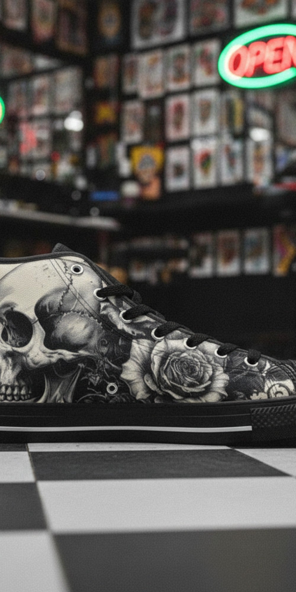 Men's Monochrome Gothic Skull Dark Art hand-made high-top canvas shoes — unique wearable art by Freaky Shoes