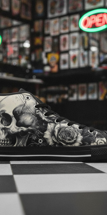 Men's Monochrome Gothic Skull Dark Art hand-made high-top canvas shoes — unique wearable art by Freaky Shoes