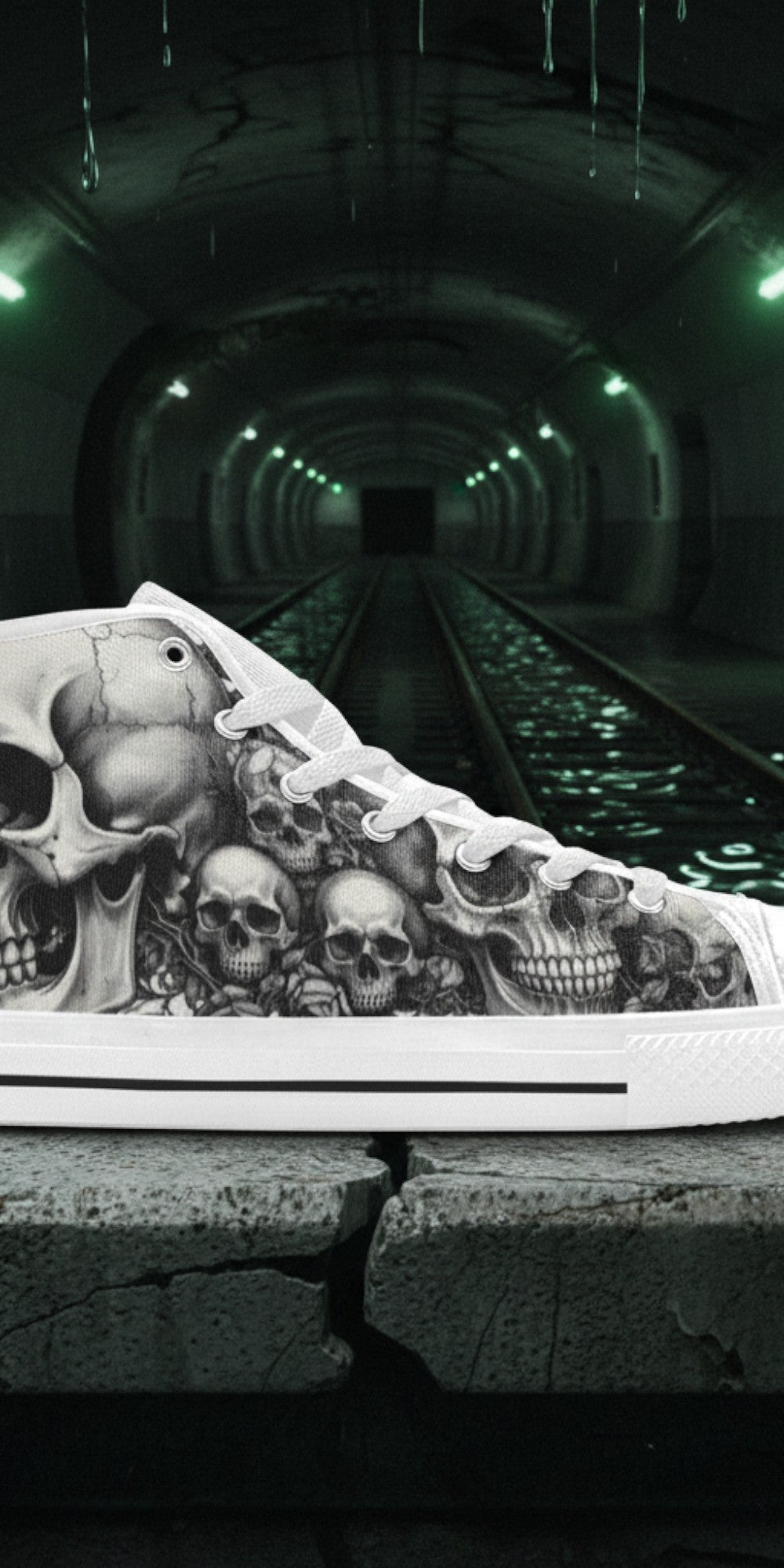 Men's Dark Art Monochrome Skull Gothic hand-made high-top canvas shoes — unique wearable art by Freaky Shoes