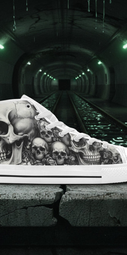 Men's Dark Art Monochrome Skull Gothic hand-made high-top canvas shoes — unique wearable art by Freaky Shoes