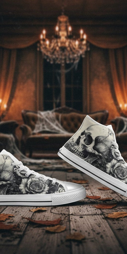 Women's Monochrome Dark Skull Gothic Art high-top canvas shoes — one-of-a-kind custom printed art, Freaky Shoes