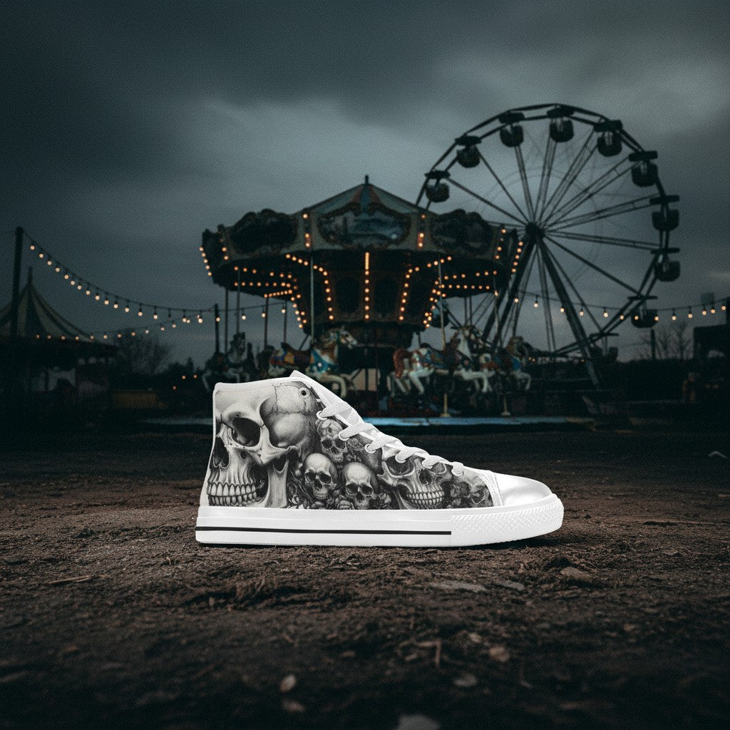 Women's Monochrome Dark Art Skull Gothic high-top canvas shoes — one-of-a-kind custom printed art, Freaky Shoes