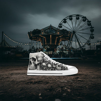 Women's Monochrome Dark Art Skull Gothic high-top canvas shoes — one-of-a-kind custom printed art, Freaky Shoes