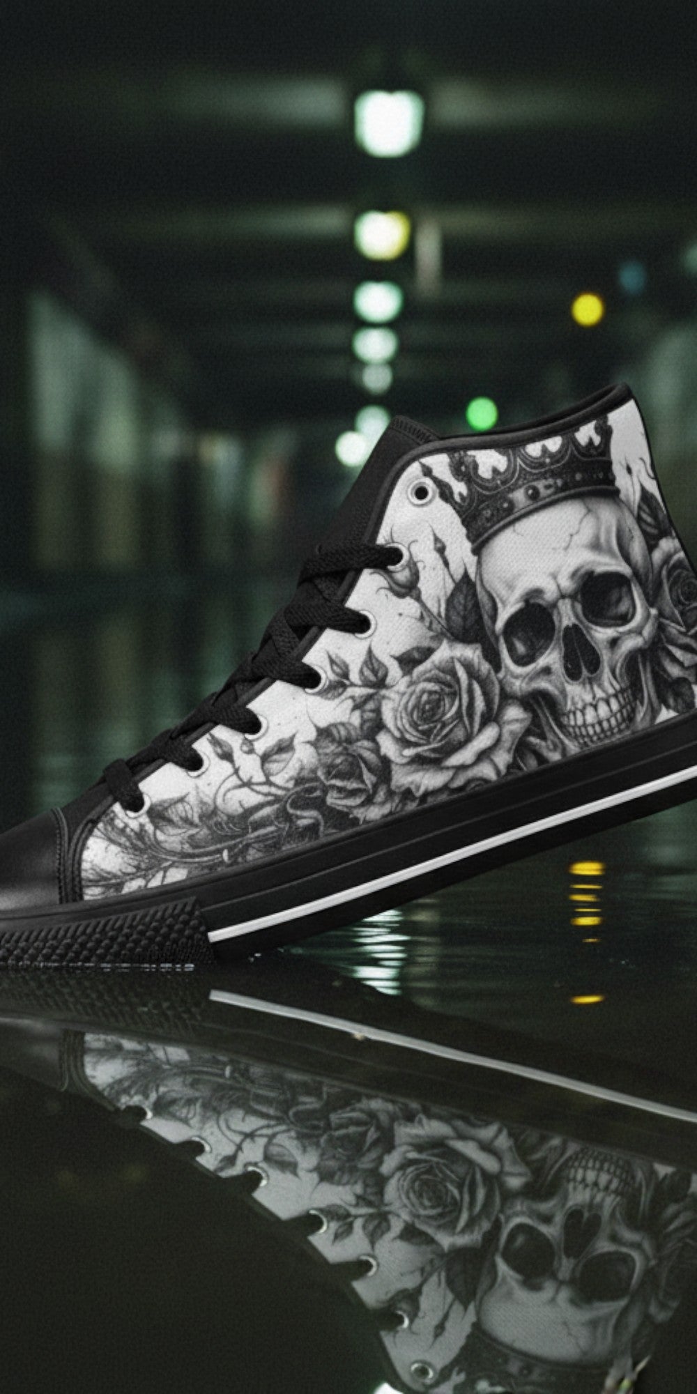 Women's Dark Monochrome Skull Gothic Art hand-made high-top canvas shoes — unique wearable art by Freaky Shoes