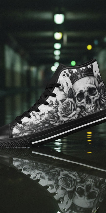Women's Dark Monochrome Skull Gothic Art hand-made high-top canvas shoes — unique wearable art by Freaky Shoes