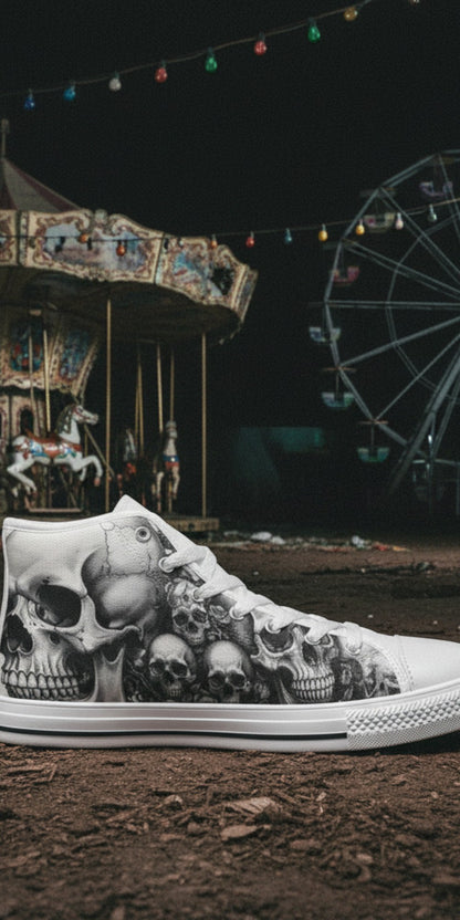 Women's Monochrome Dark Art Skull Gothic hand-made high-top canvas shoes — unique wearable art by Freaky Shoes