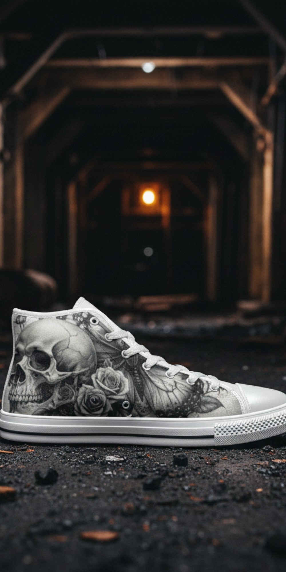 Men's Monochrome Moon Skull Gothic Art custom high-top canvas shoes — wearable art by Freaky Shoes