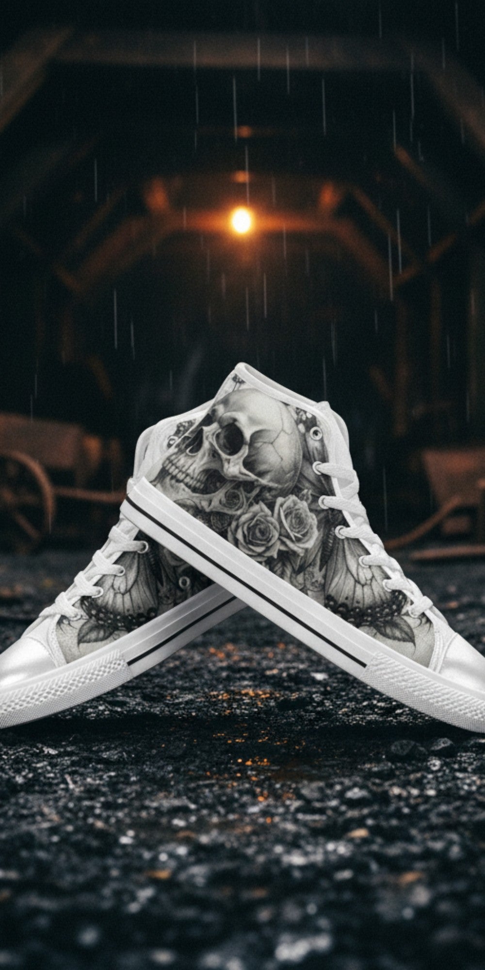 Men's Monochrome Moon Skull Gothic Art high-top canvas shoes, custom full-wrap printed design — Freaky Shoes