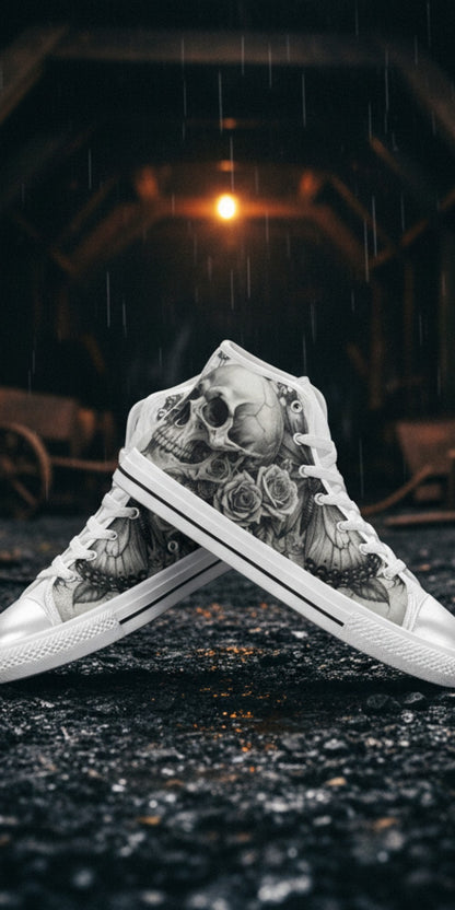 Men's Monochrome Moon Skull Gothic Art high-top canvas shoes, custom full-wrap printed design — Freaky Shoes