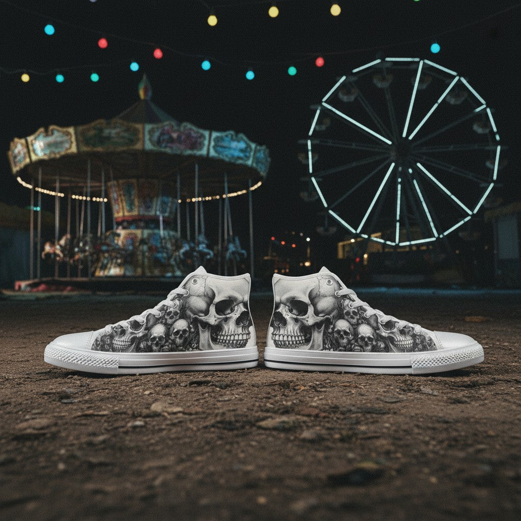 Women's Monochrome Dark Art Skull Gothic custom high-top canvas shoes — wearable art by Freaky Shoes