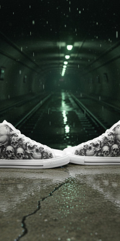 Men's Dark Art Monochrome Skull Gothic high-top canvas shoes — one-of-a-kind custom printed art, Freaky Shoes