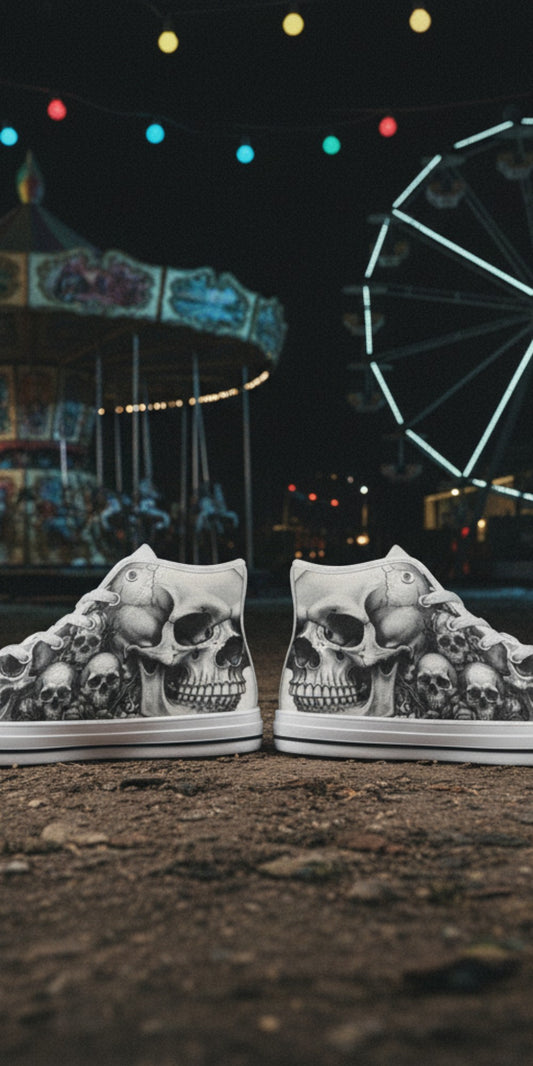 Freaky Shoes® monochrome canvas high top sneakers featuring detailed dark art skull prints at a night carnival.