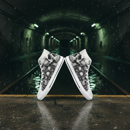 Men's Dark Art Monochrome Skull Gothic high-top canvas shoes — one-of-a-kind custom printed art, Freaky Shoes