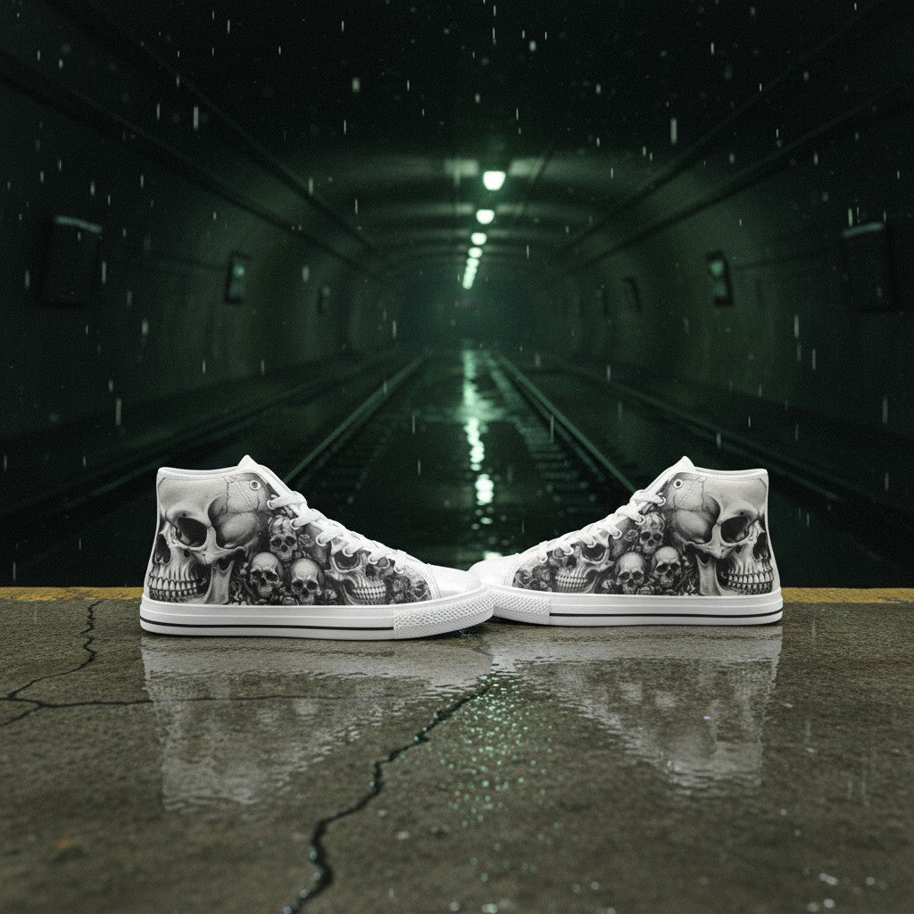 Men's Dark Art Monochrome Skull Gothic hand-made high-top canvas shoes — unique wearable art by Freaky Shoes