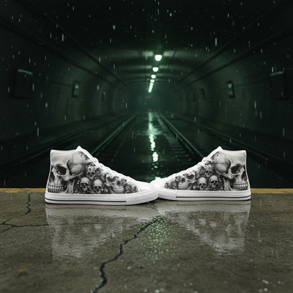 Men's Dark Art Monochrome Skull Gothic hand-made high-top canvas shoes — unique wearable art by Freaky Shoes
