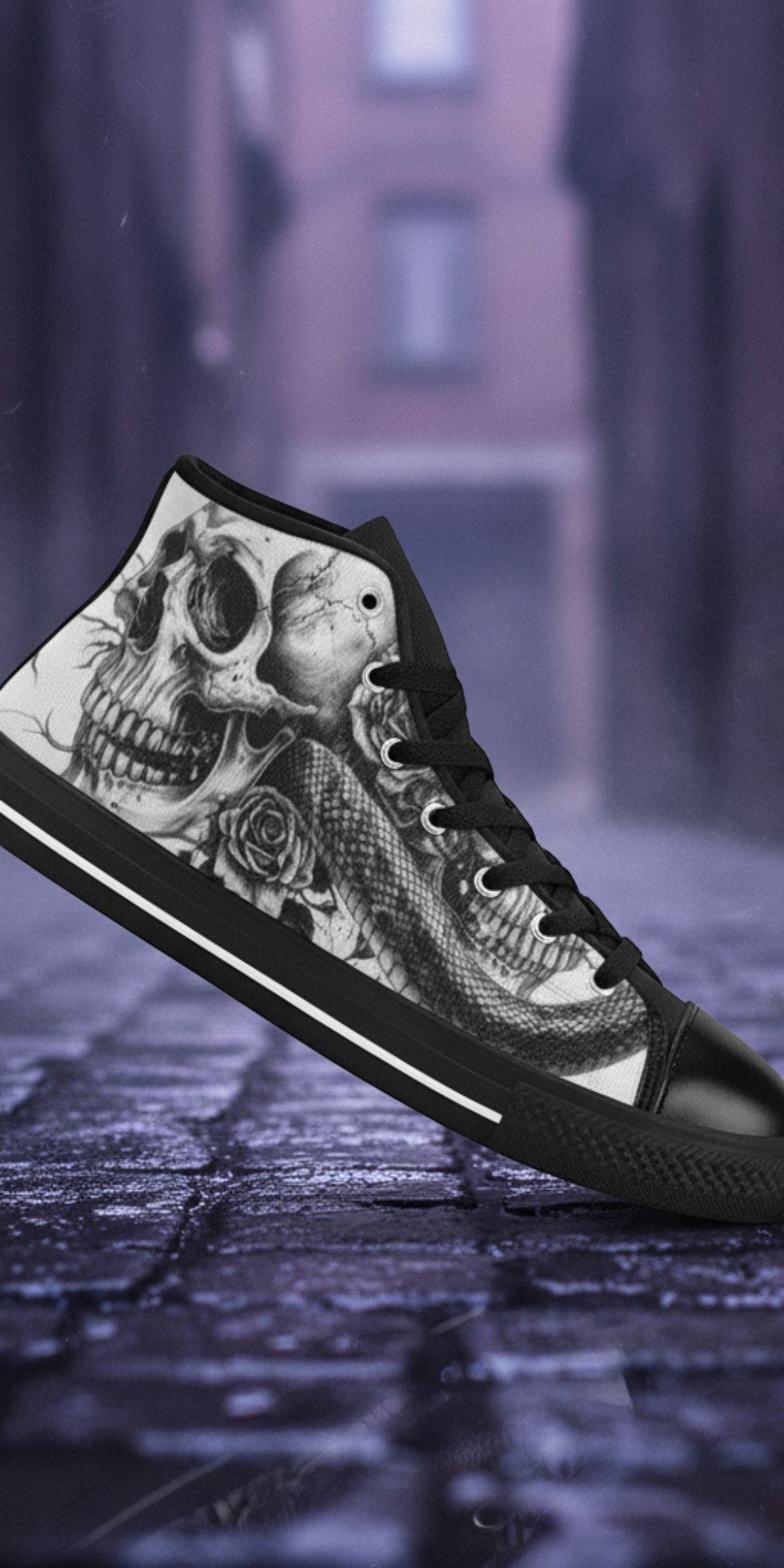 Women's Monochrome Skull Gothic Art high-top canvas shoes — one-of-a-kind custom printed art, Freaky Shoes