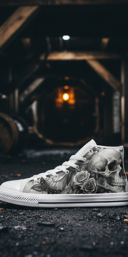 Men's Monochrome Moon Skull Gothic Art hand-made high-top canvas shoes — unique wearable art by Freaky Shoes