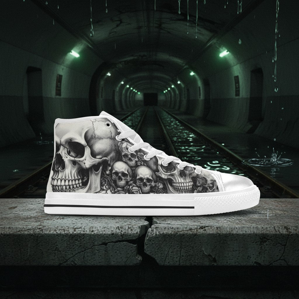 Custom Men's Dark Art Monochrome Skull Gothic high-top canvas shoes with bold all-over art — Freaky Shoes