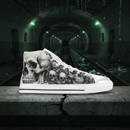 Custom Men's Dark Art Monochrome Skull Gothic high-top canvas shoes with bold all-over art — Freaky Shoes