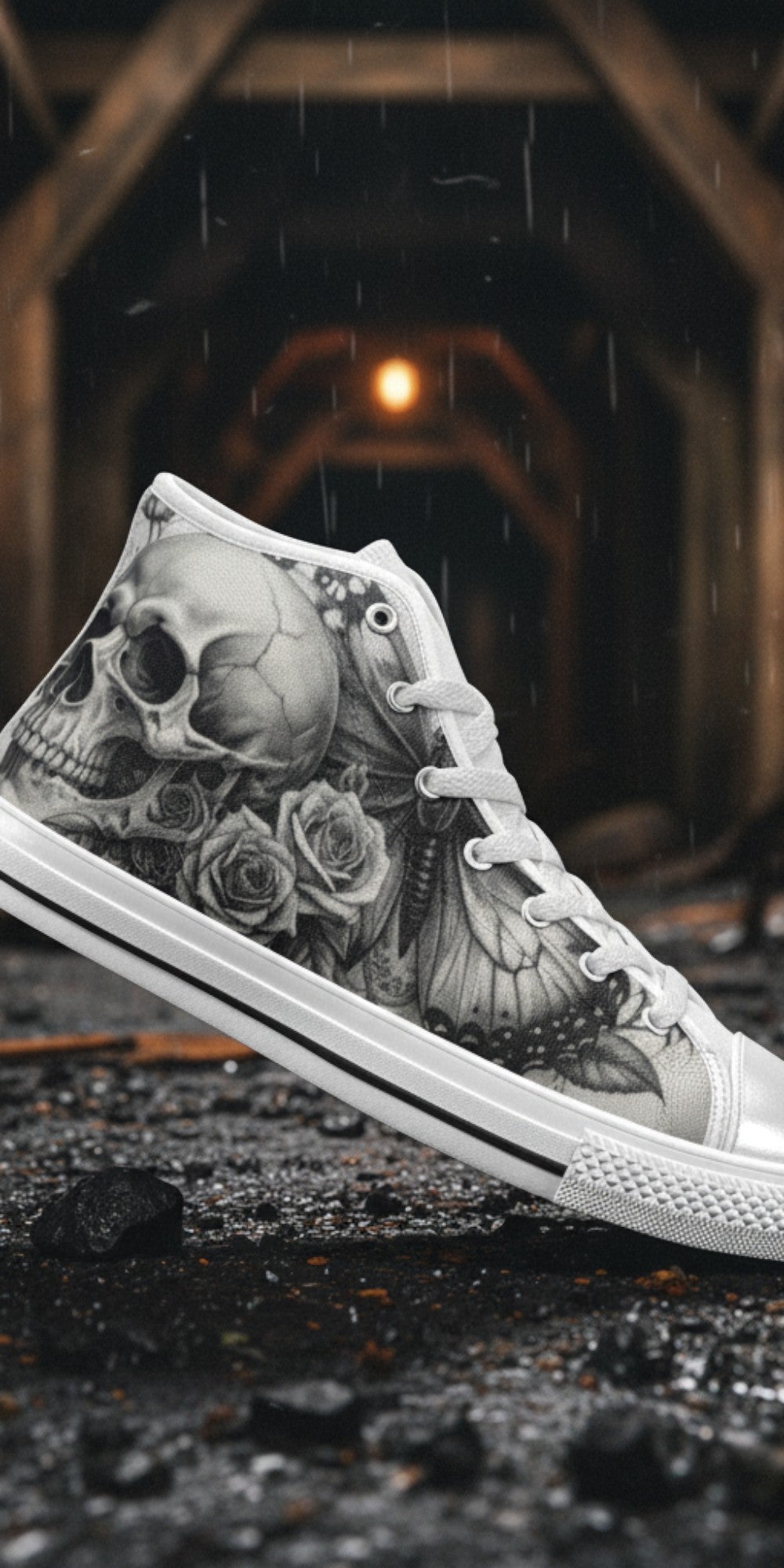Men's Monochrome Moon Skull Gothic Art custom high-top canvas shoes — wearable art by Freaky Shoes