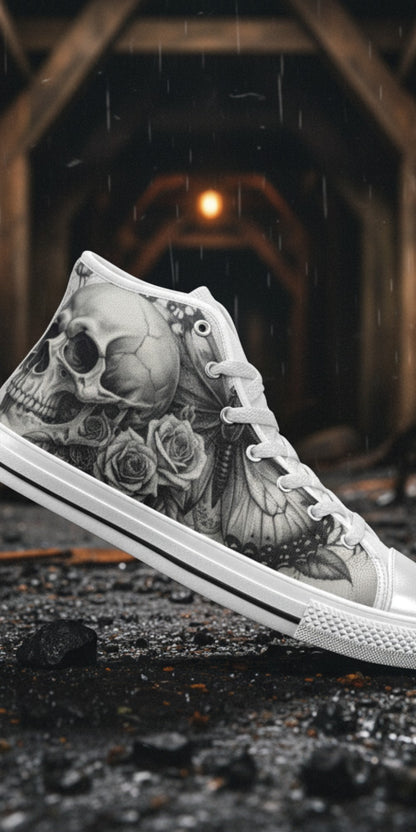 Men's Monochrome Moon Skull Gothic Art custom high-top canvas shoes — wearable art by Freaky Shoes